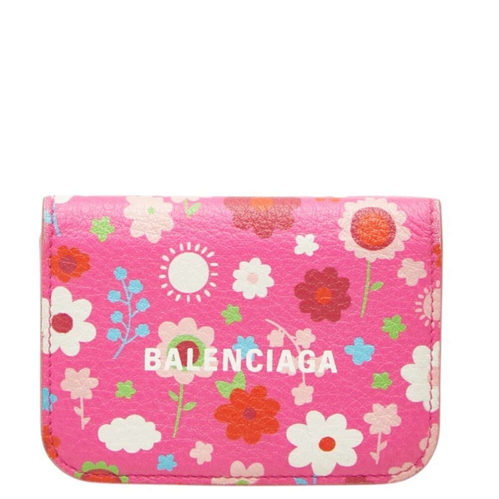 Balenciaga Flower Cash Mini Wallet Tri-fold Compact 593813 Pink Multicolor Le...